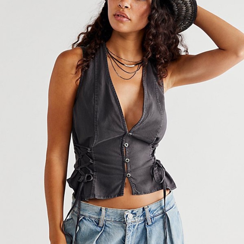 Free People Charcoal Lace-Up Blouse